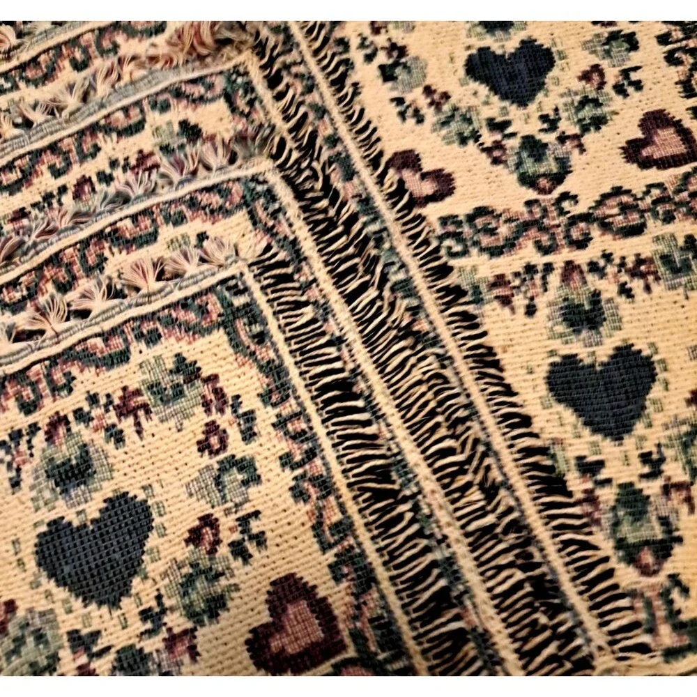 NEW Tapestry Placemats & Table Runner Set of 5 Blue Beige Hearts Country Boho